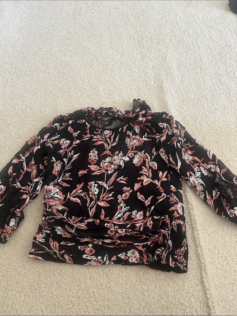 White House Black Market Black Floral Tie-Neck Blouse